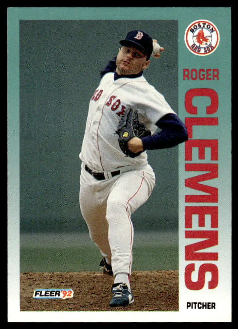 Boston Red Sox pitcher Roger Clemens mid-delivery on the mound in 1992 Fleer card