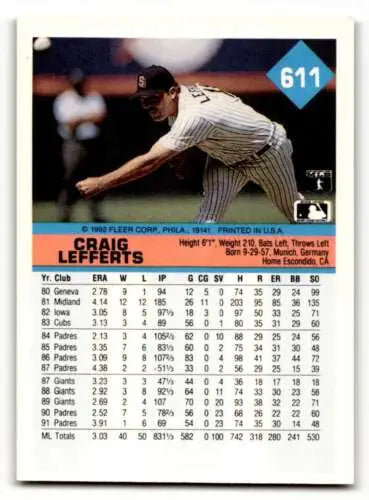 1992 Fleer #611 Craig Lefferts San Diego Padres Baseball Card with original gloss