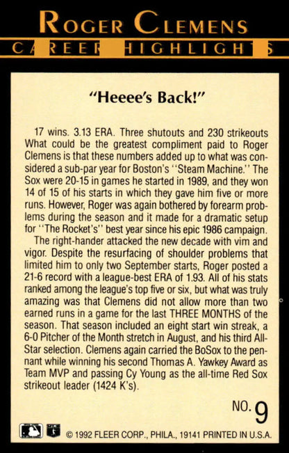 Baseball card featuring Roger Clemens career highlights and statistics for Boston Red Sox