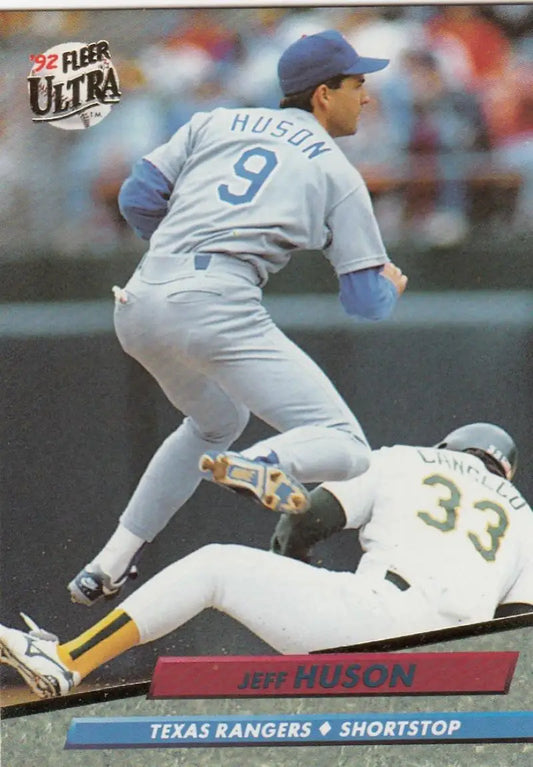 Baseball card of Jeff Huson making a play at second base for Texas Rangers