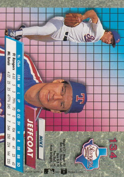 Baseball card of Mike Jeffcoat with pitching action and headshot on geometric grid