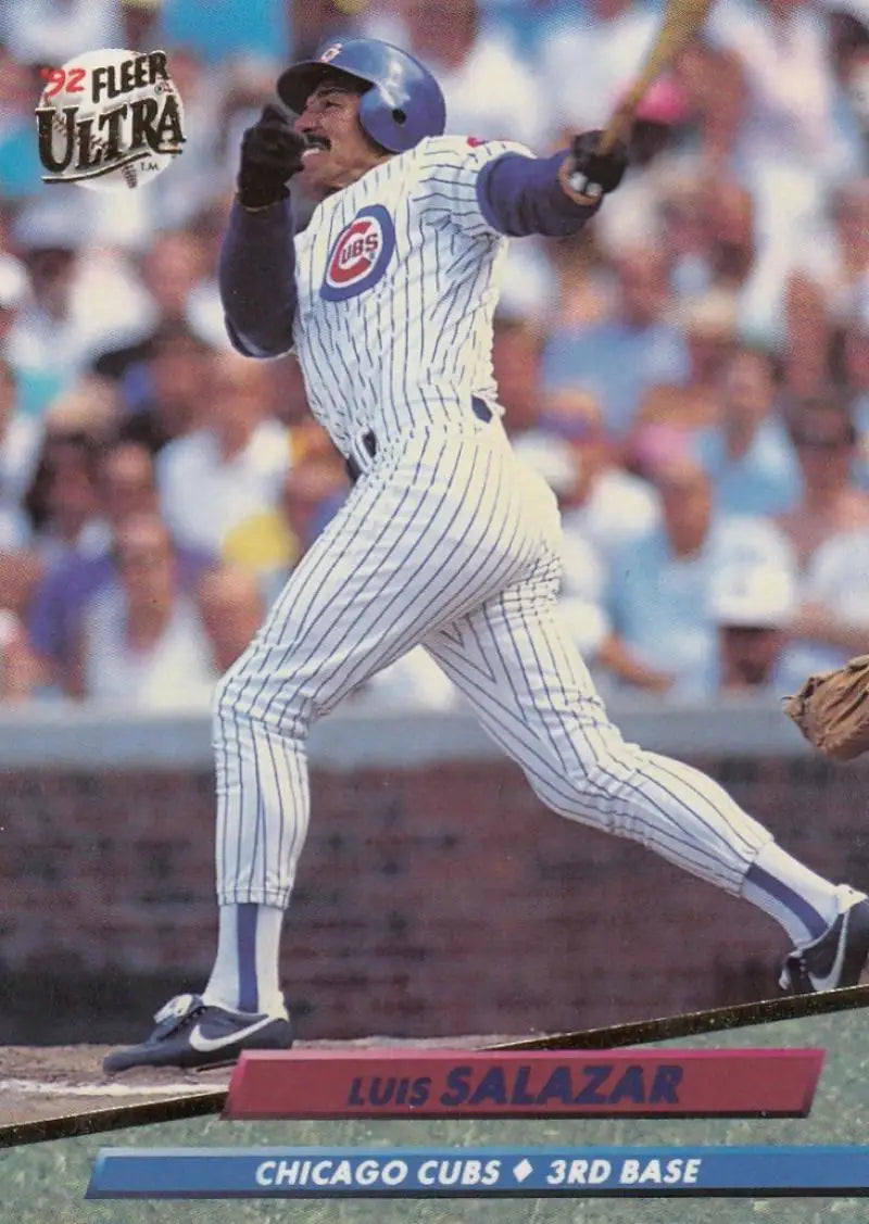 Luis Salazar swinging bat in white pinstriped uniform on 1992 Fleer Ultra baseball card