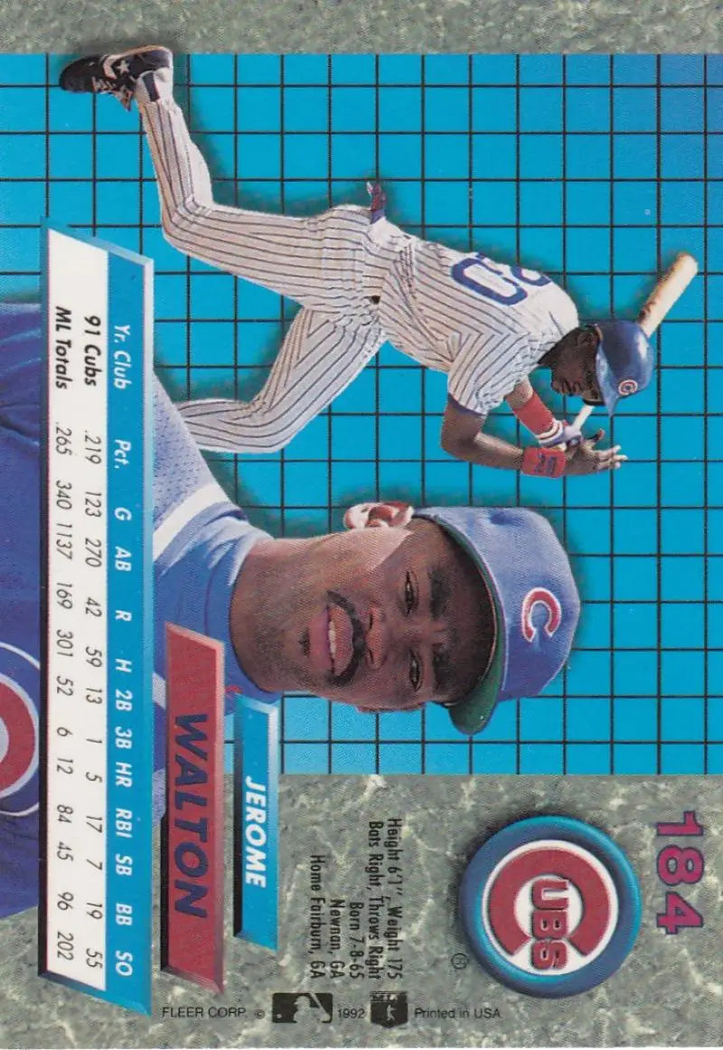 1992 Fleer Ultra #184 Jerome Walton Chicago Cubs Baseball Card with portrait and action shot