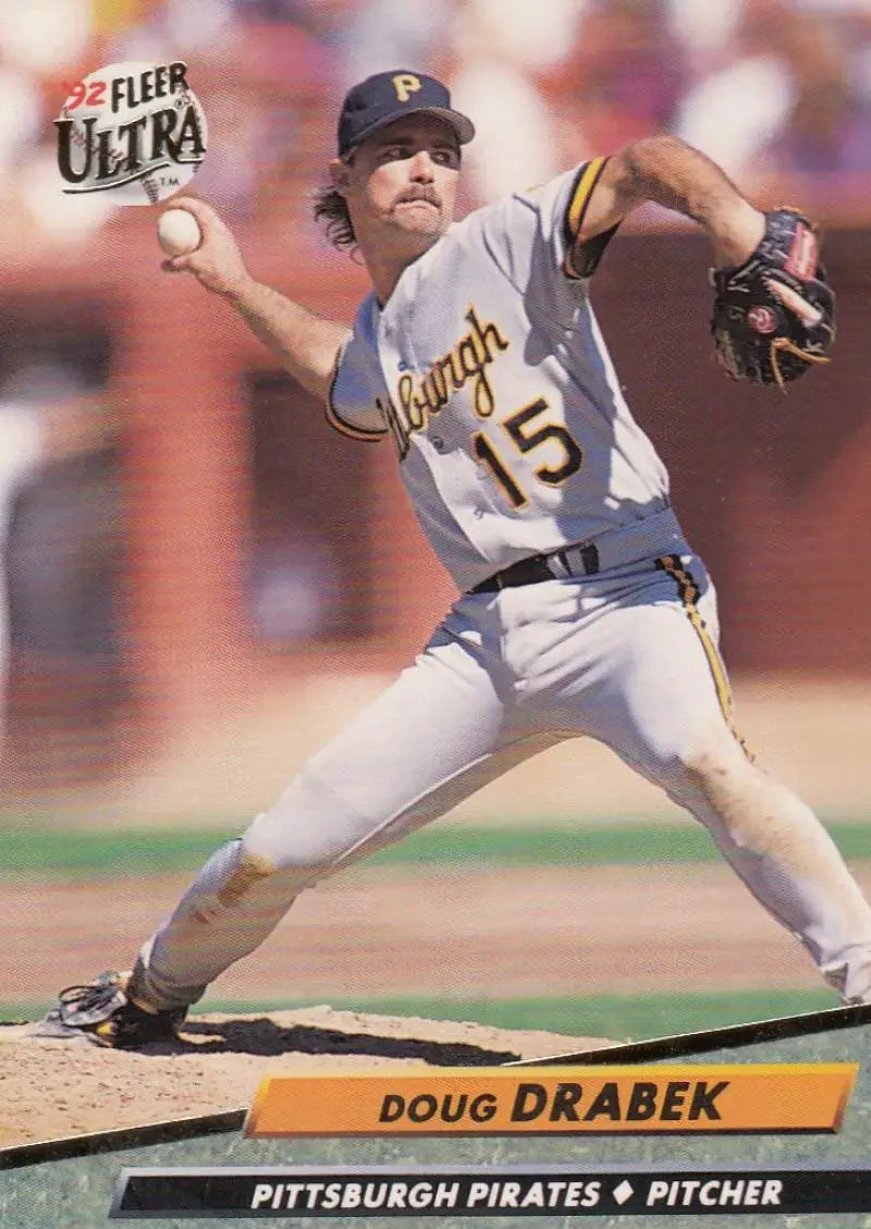 Baseball card of Doug Drabek in mid-throw, wearing gray Pittsburgh Pirates uniform