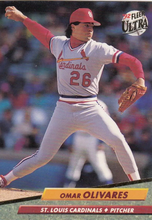 St. Louis Cardinals pitcher Omar Olivares mid-delivery on mound in baseball card