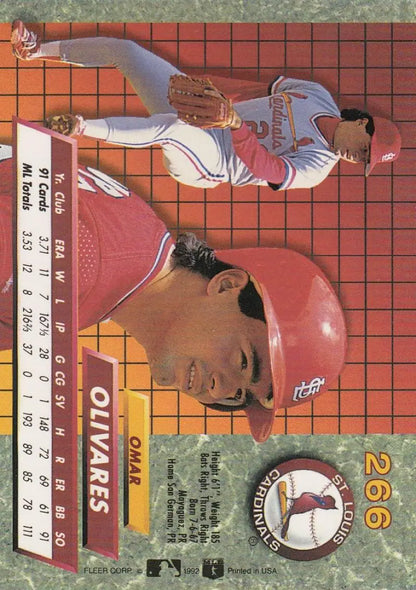 Baseball card of Omar Olivares wearing a red cap for the St. Louis Cardinals