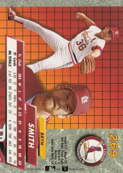 Baseball card of Bryn Smith pitching for the St. Louis Cardinals in mid-throwing motion