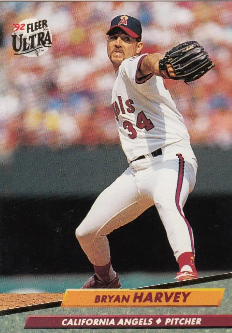 Baseball card of Bryan Harvey pitching for the California Angels in white uniform