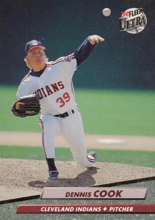 Cleveland Indians pitcher Dennis Cook in mid-throwing motion on baseball card