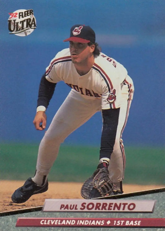 Cleveland Indians player Paul Sorrento fielding at first base on baseball card