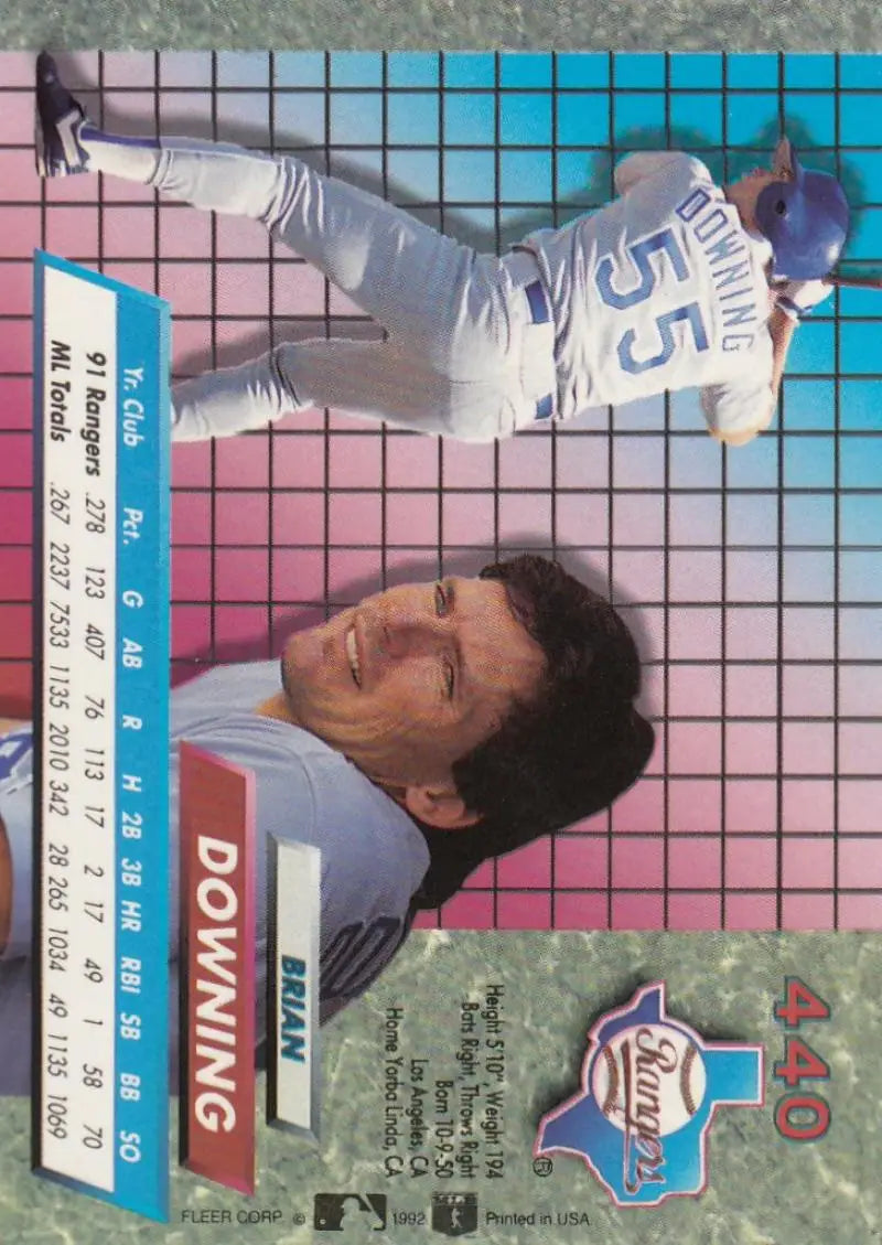 Baseball card of Brian Downing with a throwing motion for Texas Rangers Fleer Ultra