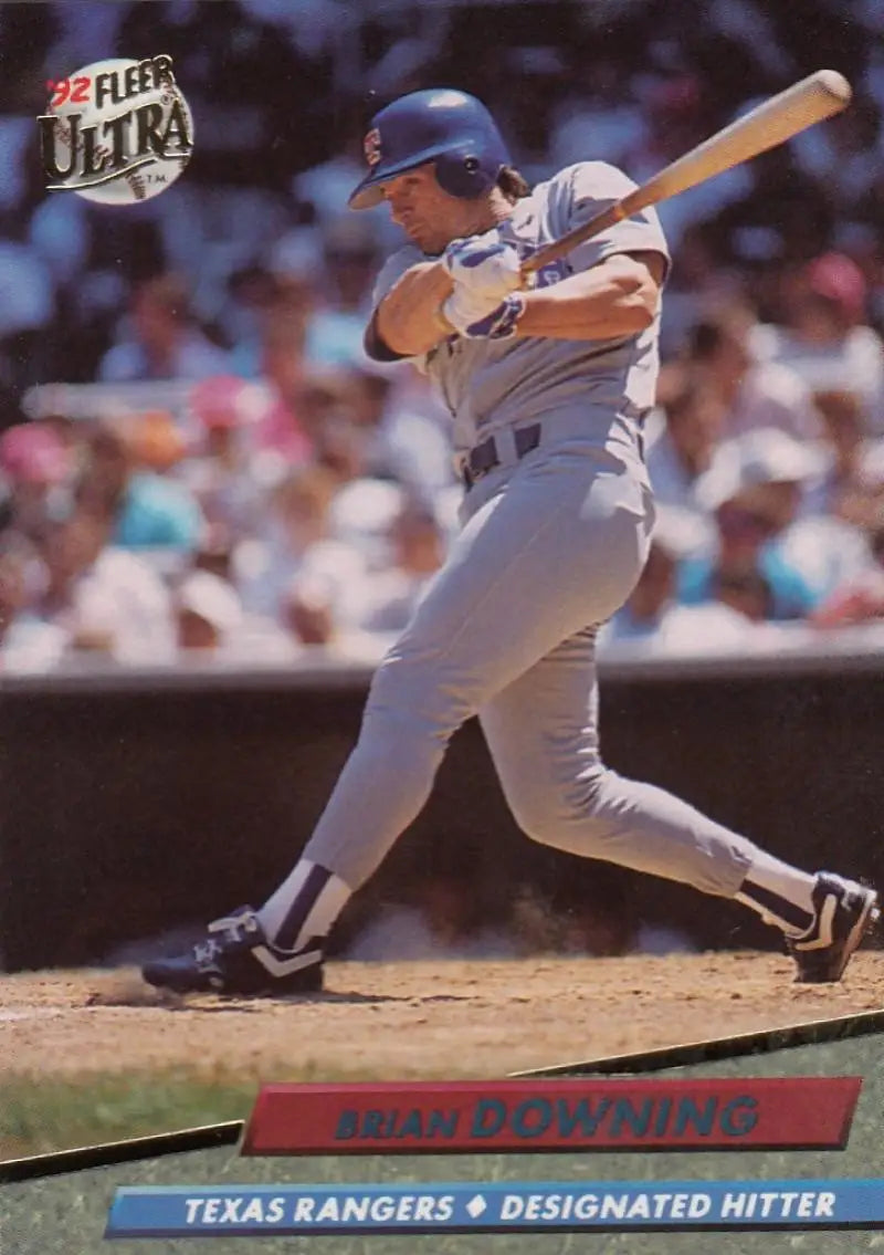 Brian Downing mid-swing in white uniform on 1992 Fleer Ultra Texas Rangers card