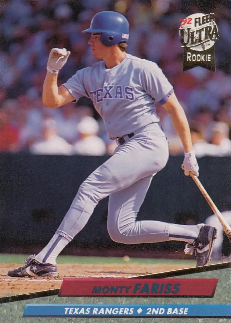 Monty Fariss swinging a bat in Texas Rangers uniform on a baseball card image