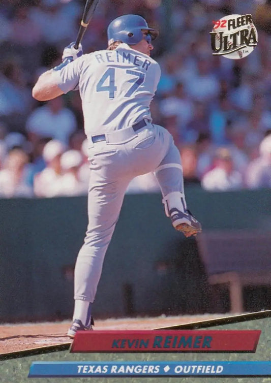 Baseball card of Kevin Reimer in batting stance, Texas Rangers, number 47