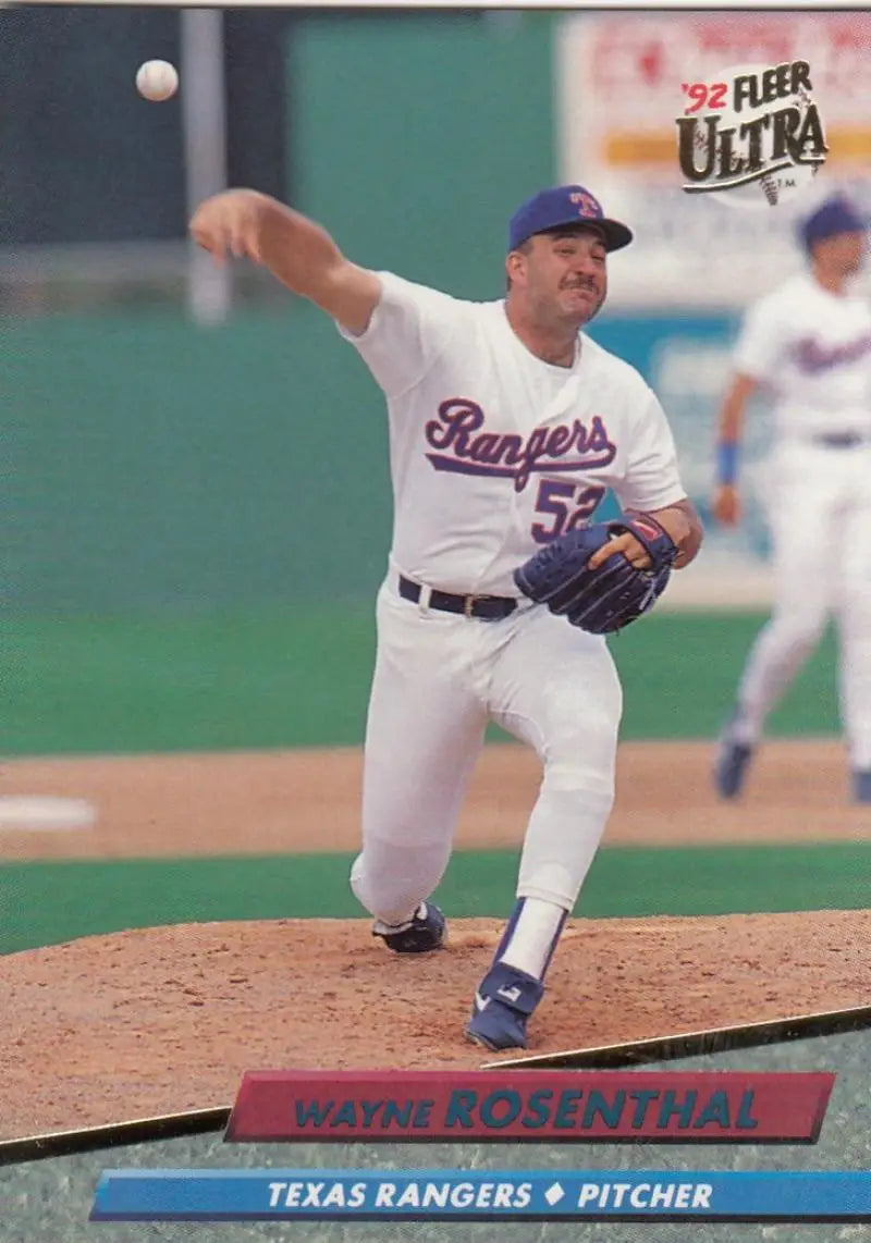 Wayne Rosenthal in white Texas Rangers uniform pitching on baseball card image