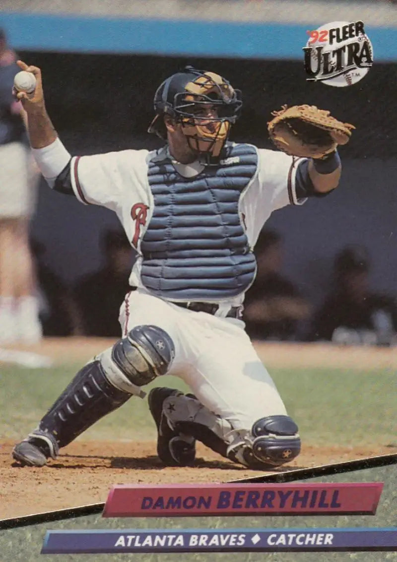 Baseball catcher Damon Berryhill in white uniform and blue chest protector, Atlanta Braves