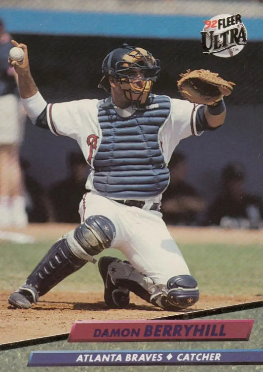 Baseball catcher Damon Berryhill in white uniform and blue chest protector, Atlanta Braves