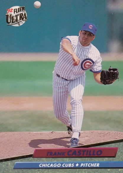 Chicago Cubs pitcher Frank Castillo in pinstriped uniform throwing from the mound