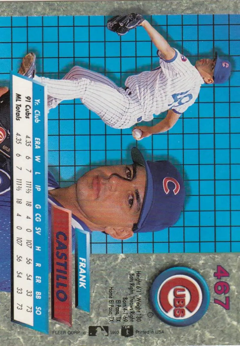 Chicago Cubs Baseball Card featuring Frank Castillo in White Pinstriped Uniform