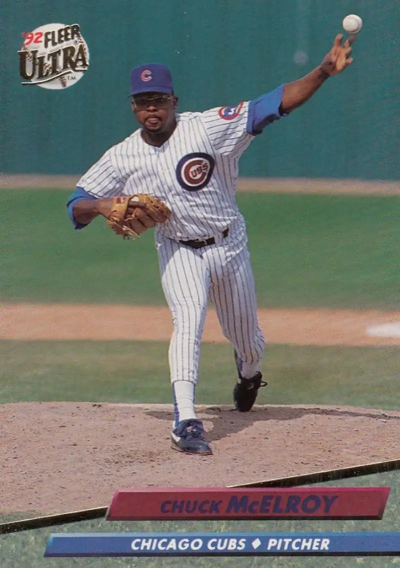 Cubs pitcher Chuck McElroy in pinstripe uniform on the mound for Fleer Ultra card