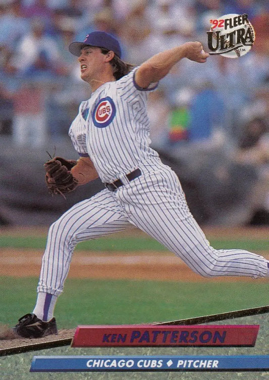 Ken Patterson delivering a pitch in pinstripe uniform for the Chicago Cubs baseball card