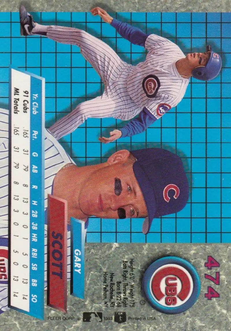 Baseball card of Gary Scott in Chicago Cubs pinstripe uniform from 1992 Fleer Ultra