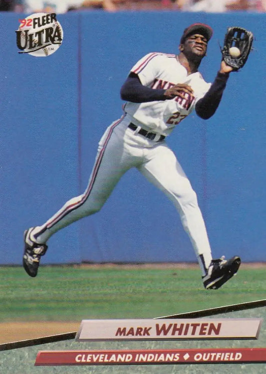 Cleveland Indians player Mark Whiten leaps to catch a ball, featured in Fleer Ultra card