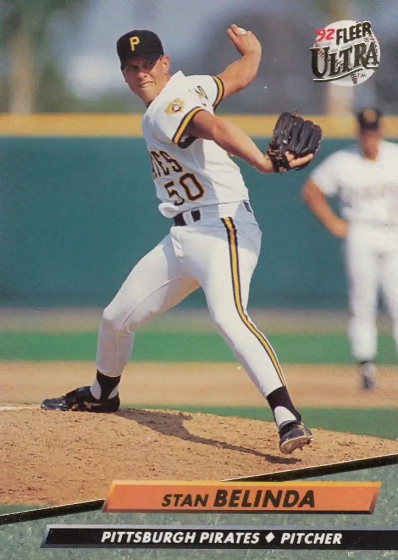 Stan Belinda pitching in white uniform for Pittsburgh Pirates baseball card 1992 Fleer Ultra