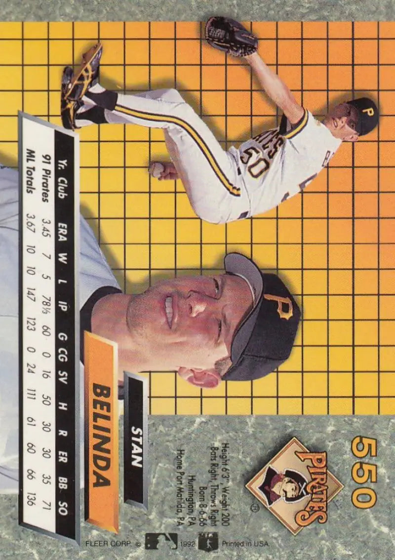 Baseball card of Stan Belinda making a diving catch for the Pittsburgh Pirates action shot