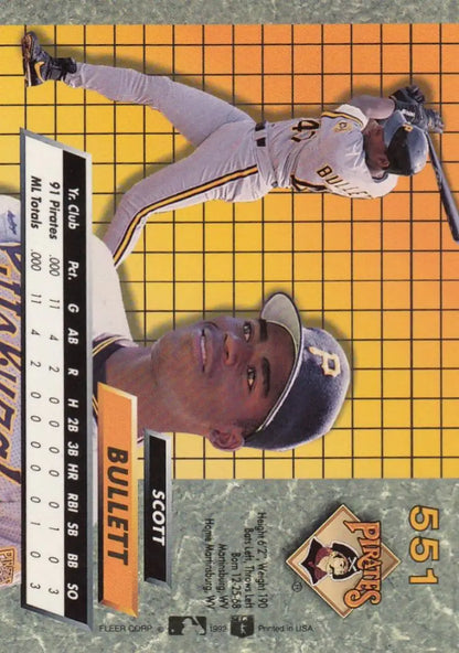 Pittsburgh Pirates Scott Bullett baseball card in gray uniform from 1992 Fleer Ultra