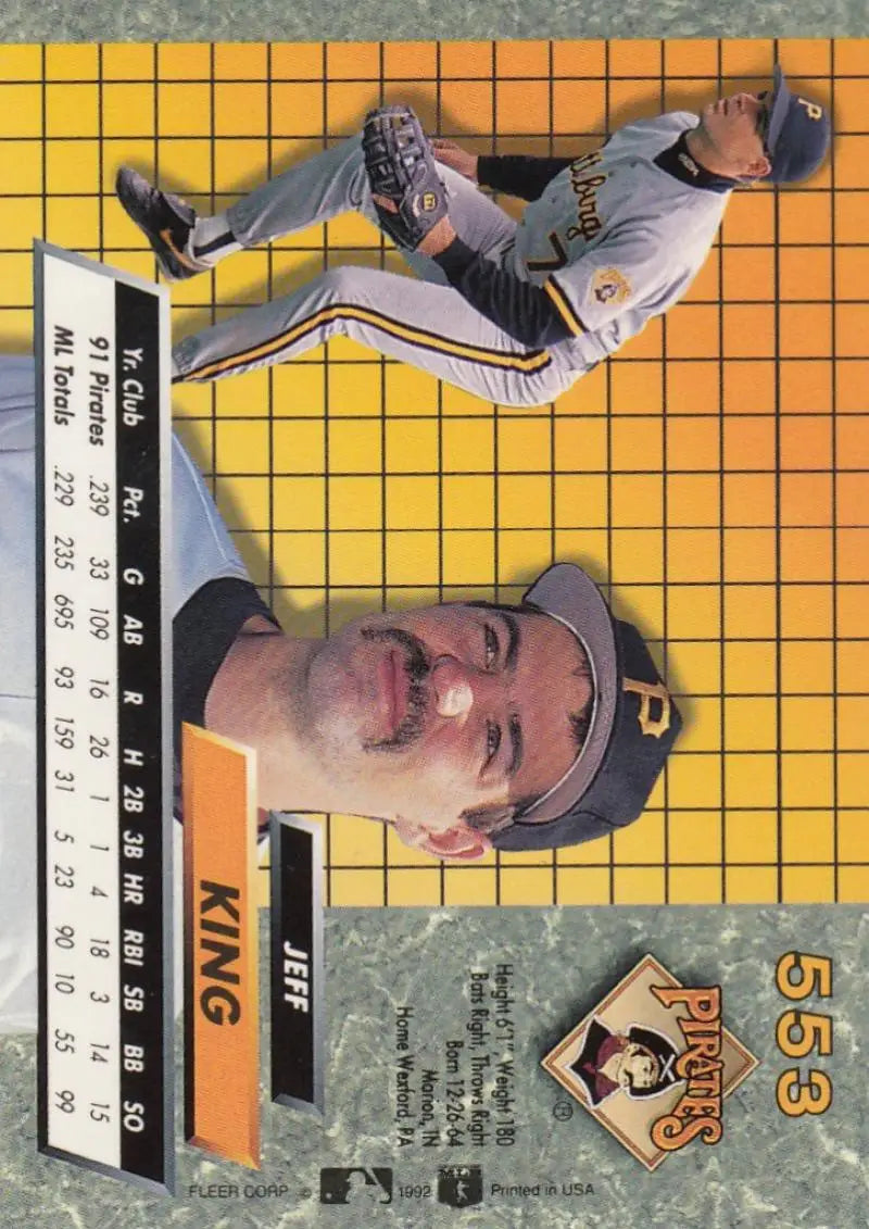 Jeff King baseball card showcasing Pittsburgh Pirates star in portrait and action shot