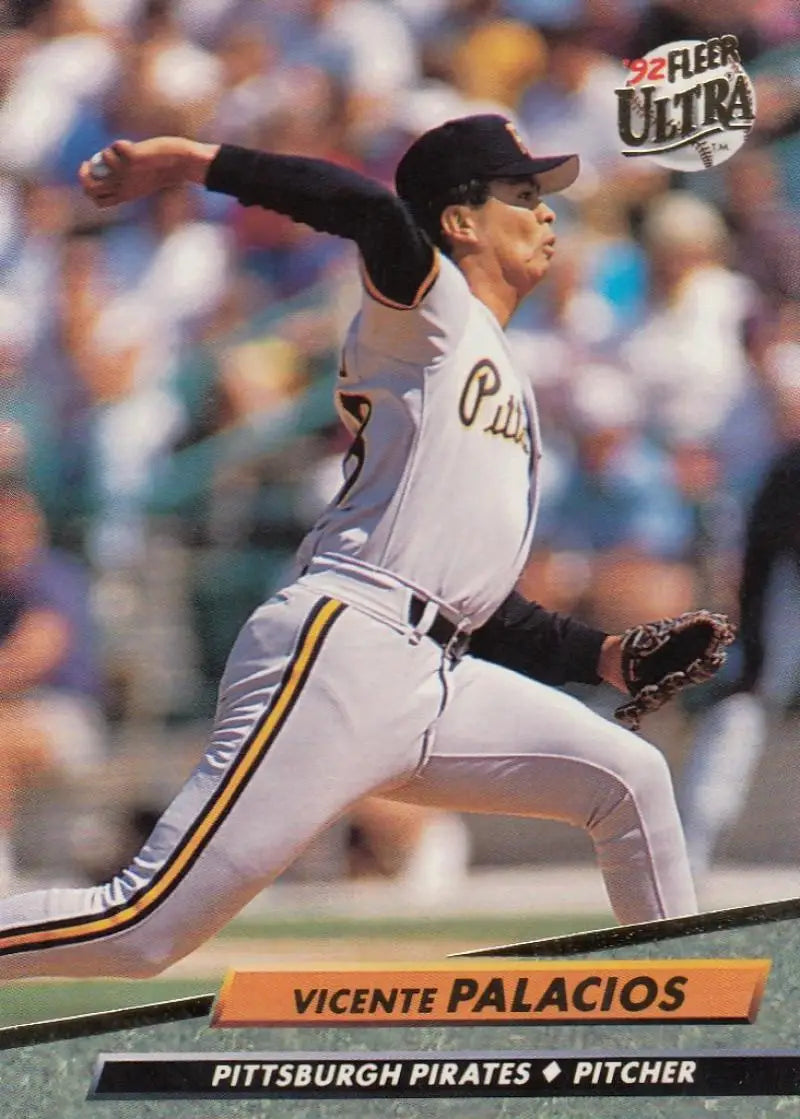 Vicente Palacios delivering a pitch in Pittsburgh Pirates uniform on baseball card