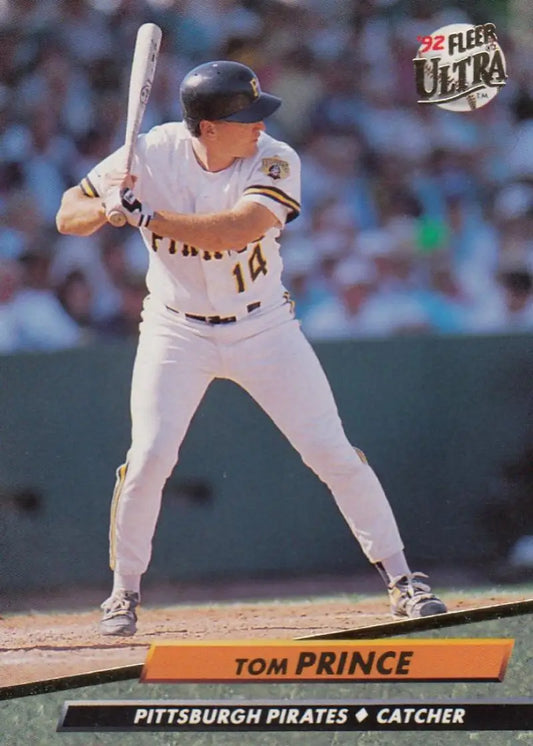 Tom Prince batting in a Pittsburgh Pirates uniform, featured on his baseball card