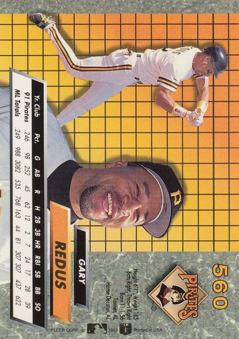 Pittsburgh Pirates Baseball Card of Gary Redus on a yellow grid background