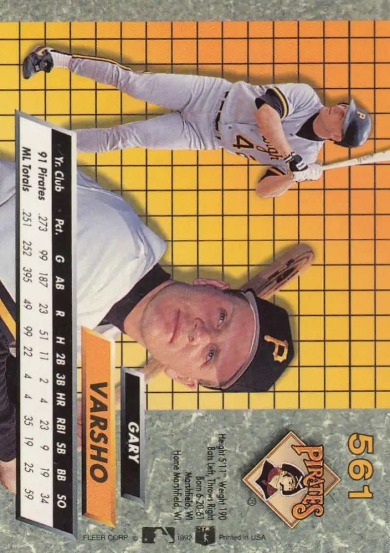 Pittsburgh Pirates 1992 Fleer Ultra Gary Varsho baseball card on orange grid background