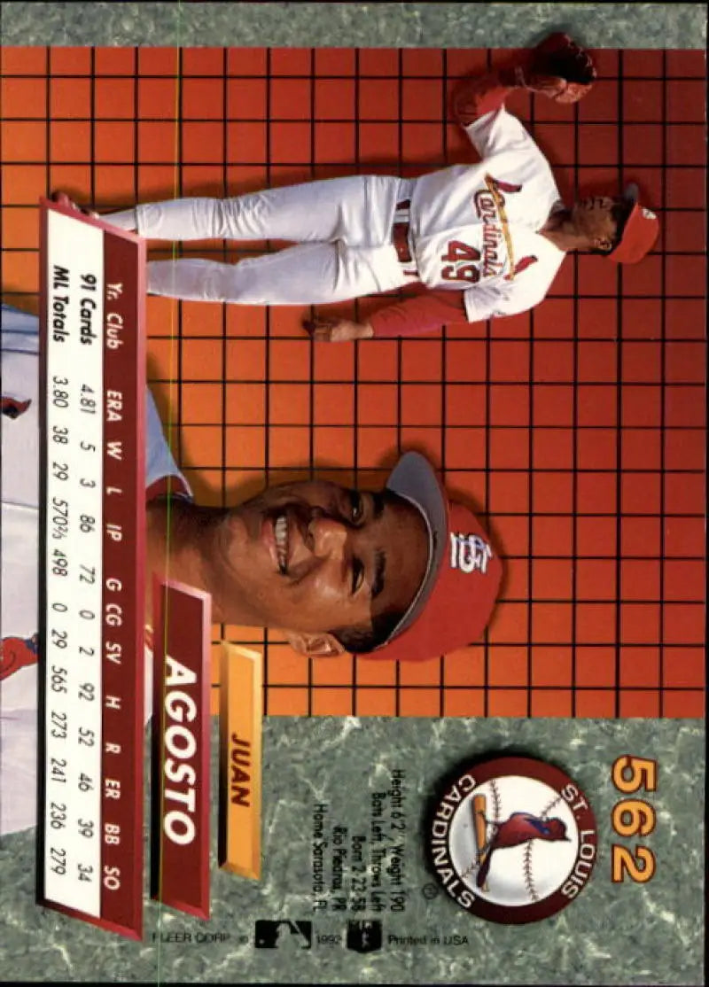 Baseball card of Juan Agosto in white uniform with orange grid background