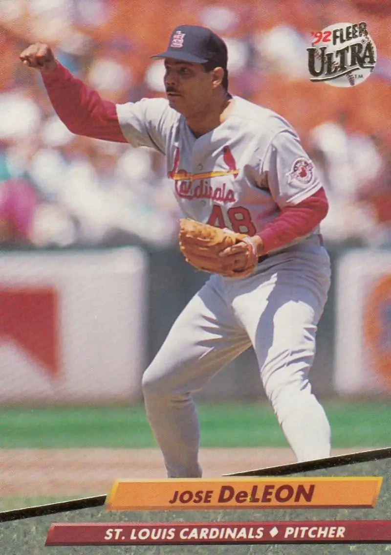 Jose DeLeon mid-throw action on a 1992 Fleer Ultra St. Louis Cardinals baseball card