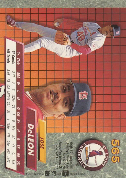 Baseball card of Jose DeLeon with pitching action and portrait for St. Louis Cardinals