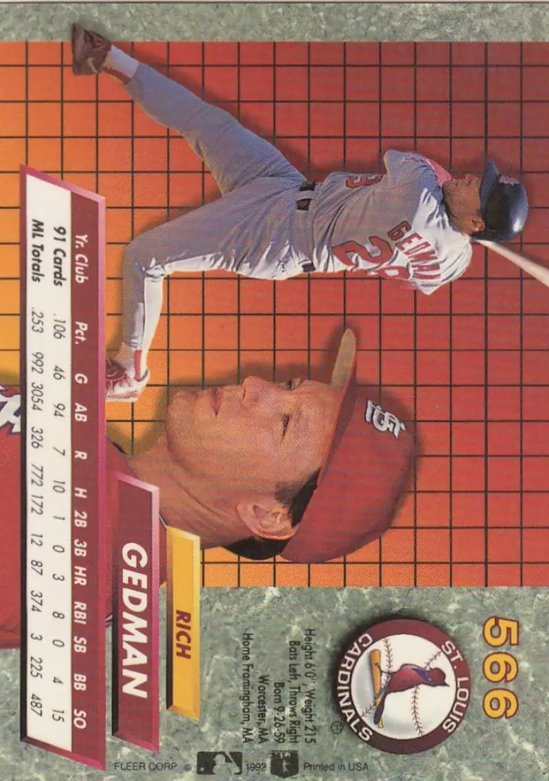 Baseball card of Rich Gedman in gray uniform pitching for St. Louis Cardinals