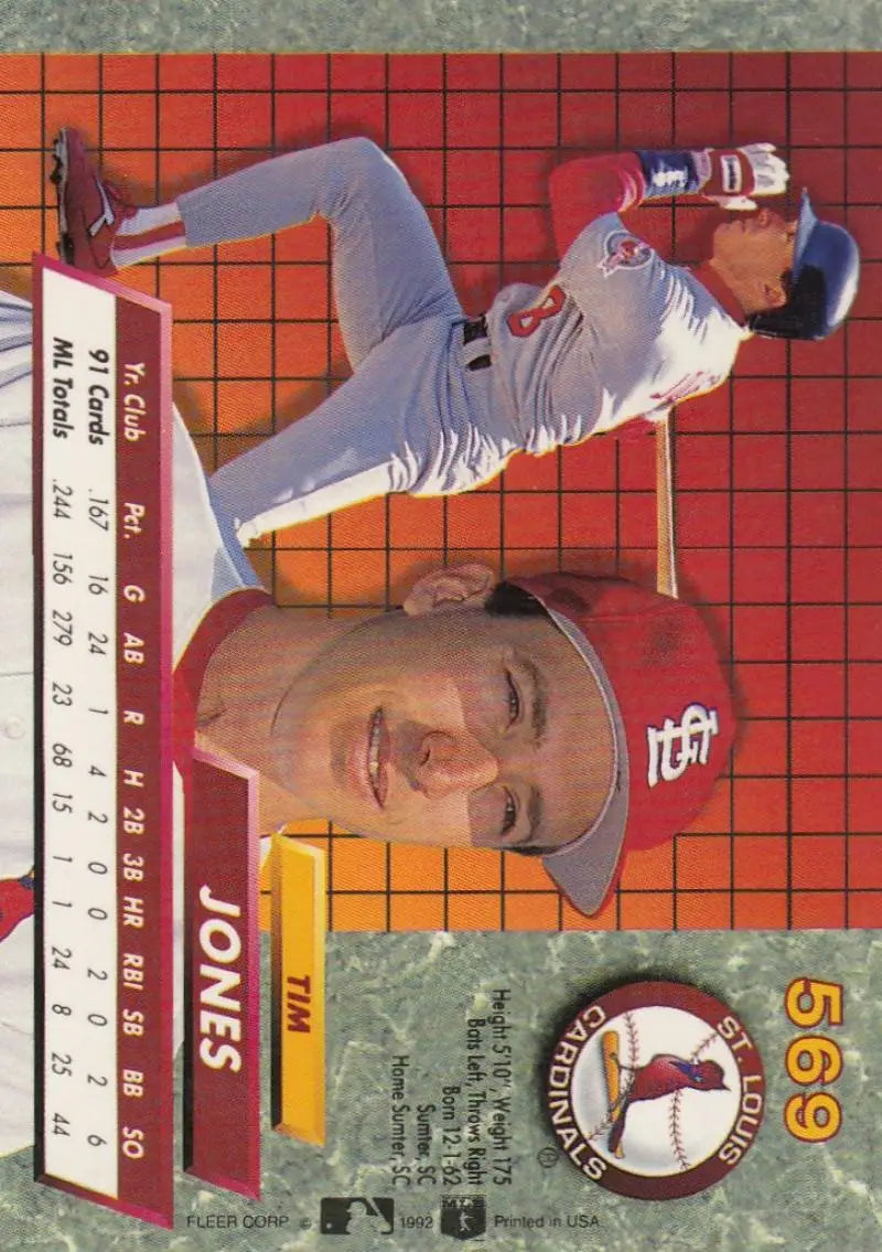 Tim Jones baseball card on orange-red grid background, 1992 Fleer Ultra #569