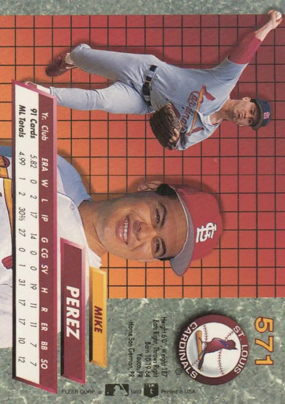 Baseball card of Mike Perez in white and red for Fleer Ultra St. Louis Cardinals