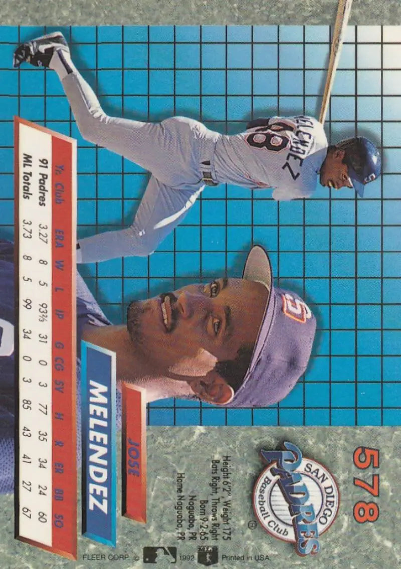 Baseball card of Jose Melendez with blue grid background, 1992 Fleer Ultra San Diego Padres