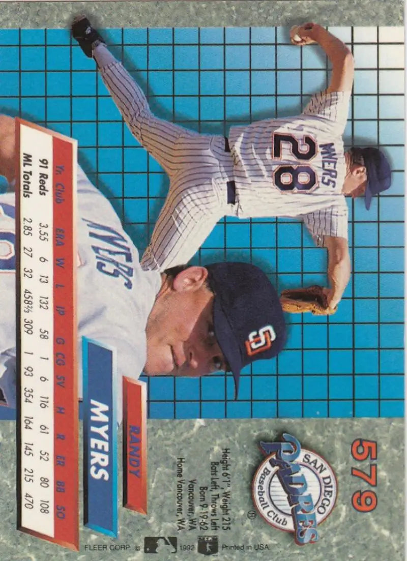 Baseball card of Randy Myers pitching for San Diego Padres in mid-throwing motion