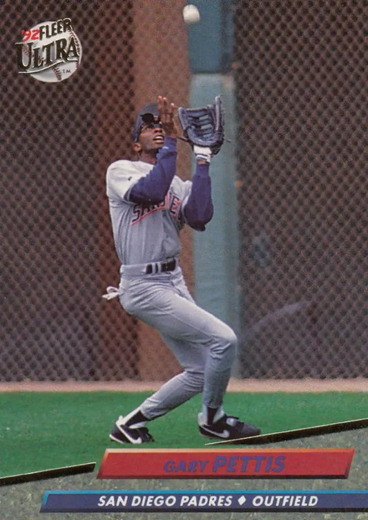 Baseball card image of Gary Pettis catching a fly ball in San Diego Padres uniform