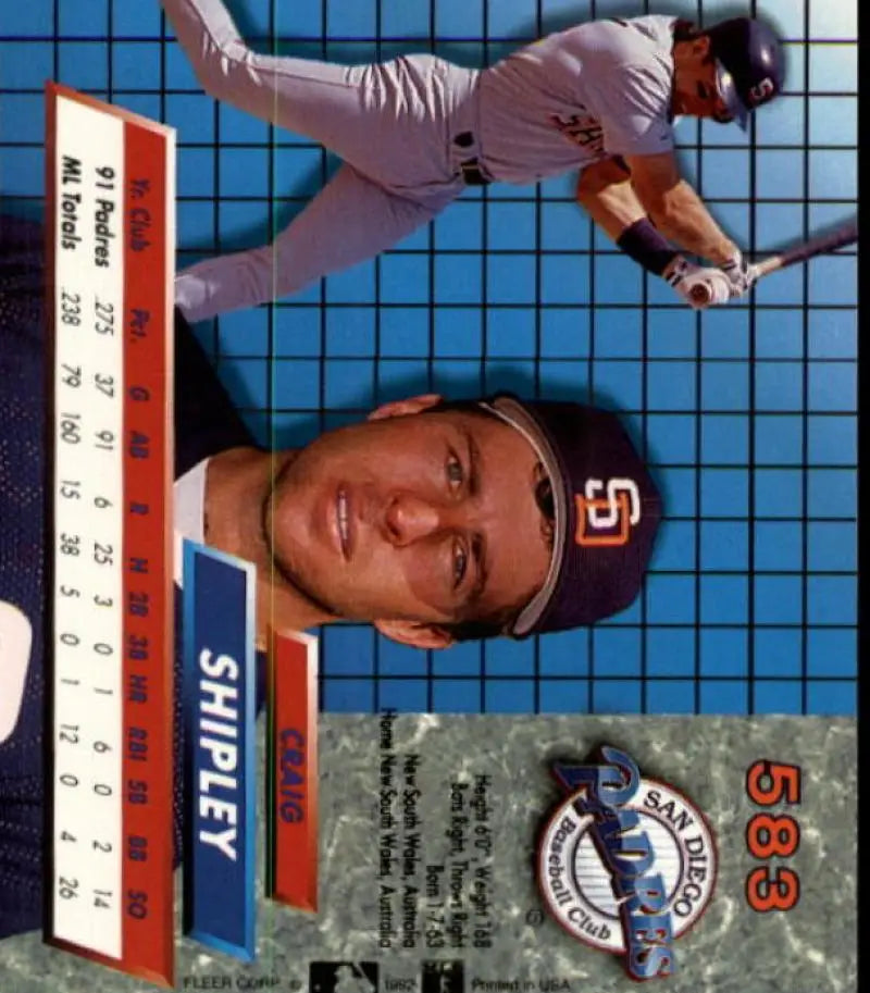 Baseball card of Craig Shipley featuring San Diego Padres action and portrait shots