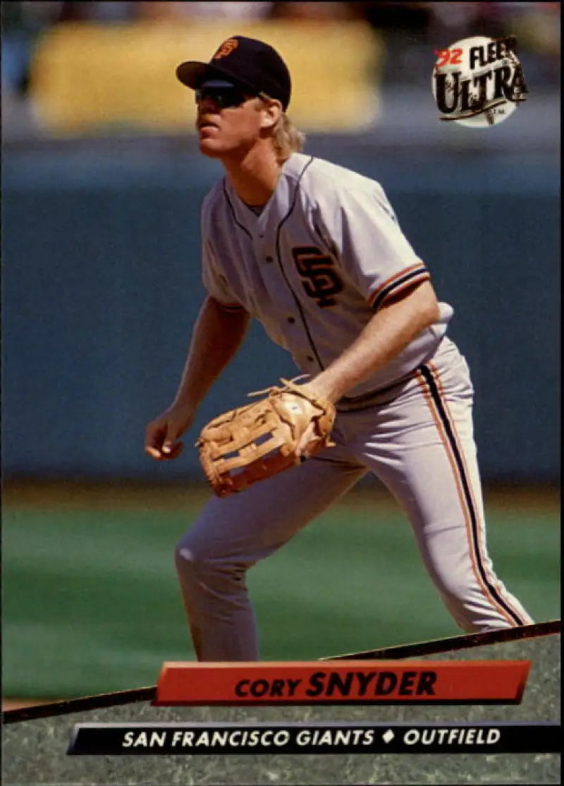 Baseball card of Cory Snyder, San Francisco Giants outfielder in white uniform