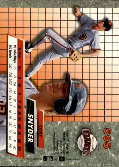 Baseball card of Cory Snyder in gray San Francisco Giants uniform, 1992 Fleer Ultra