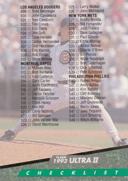 Baseball card checklist featuring Dodgers, Mets, Expos, Phillies, and Mike Morgan Fleer Ultra