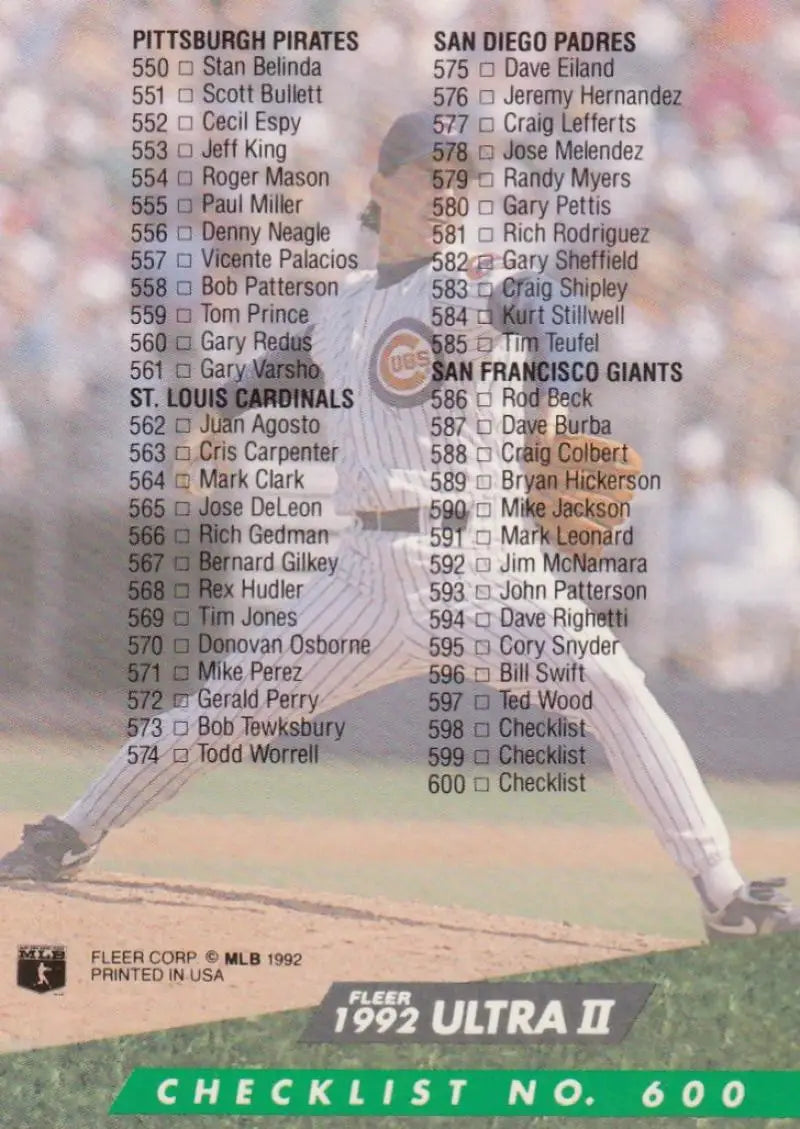 Baseball card checklist featuring players from Pittsburgh Pirates, Padres, and Giants