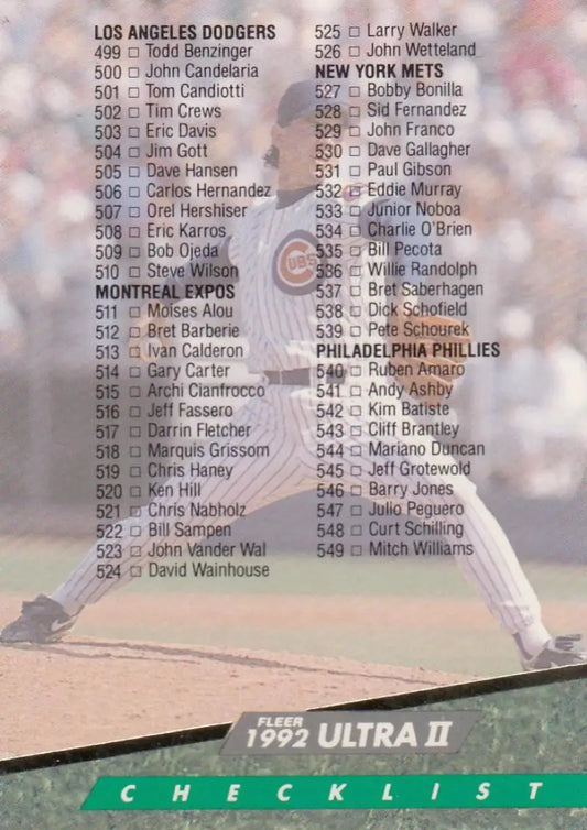 Baseball card checklist featuring Dodgers, Mets, Expos, Phillies, and Mike Morgan Fleer Ultra